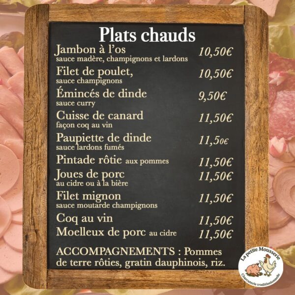 Carte traiteur plats chauds La Petite Mousserie située à la Guerche de Bretagne près de Vitré