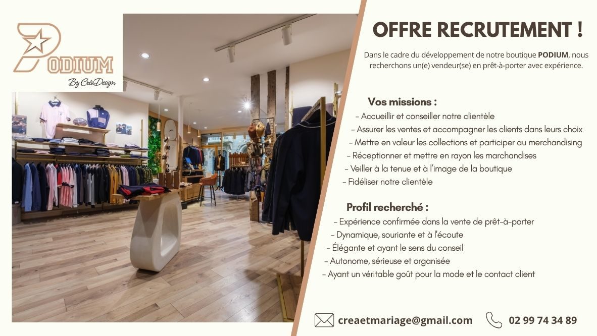 annonce offre de recrutement pour le magasin podium à Vitré
